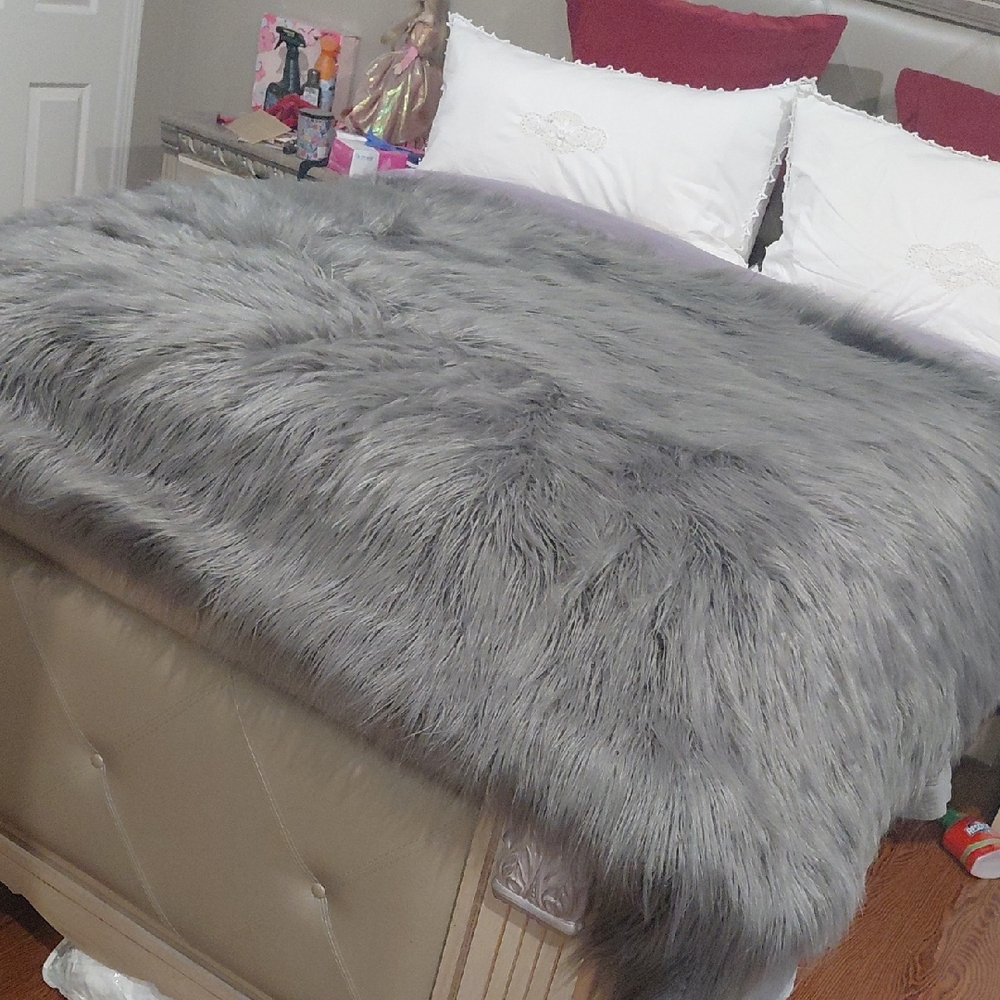 Restoration Hardware Plush Silver Faux Fur Throw